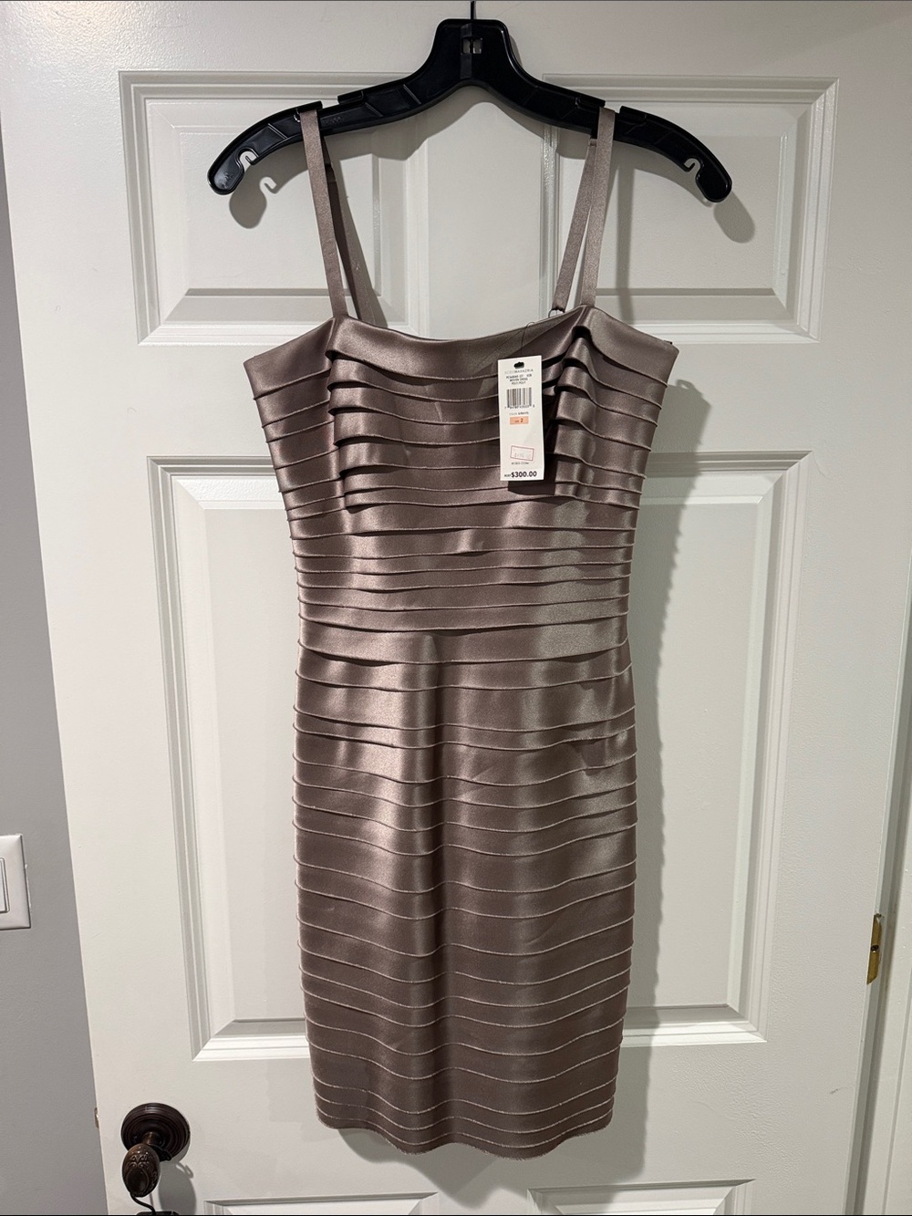 BCBGMaxAzria Taupe Satin Bandage Midi Dress